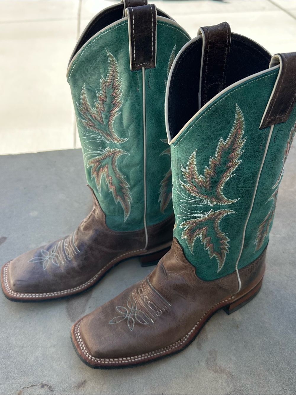 Justin BRL335 Women's Turquoise Brown Leather Western Cowboy Boots Square Toe 9B